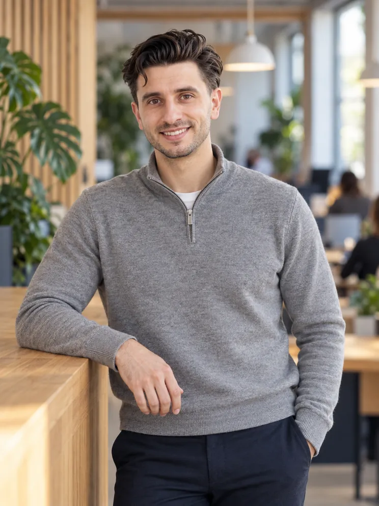Dylan Merlo smiling at the camera, leaning on a wooden counter in a bright open office